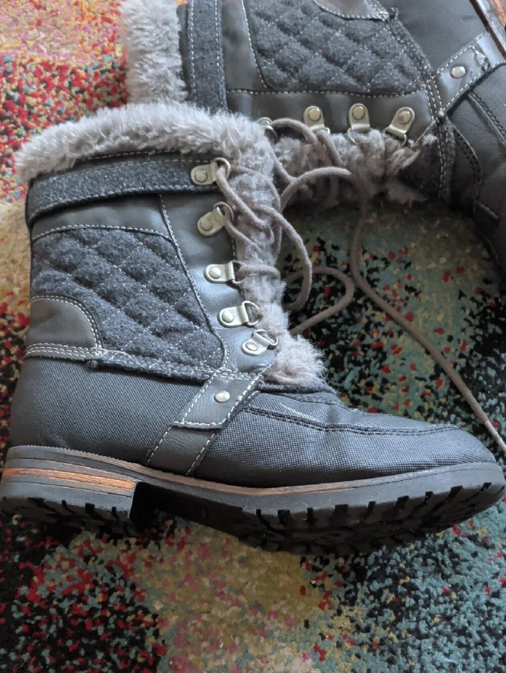 Rock & Candy Girls Gray Quilted Faux-Fur Lace-Up Boots